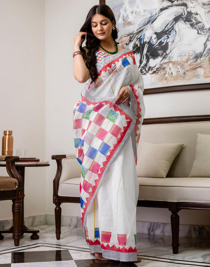 Ready To Wear White Linen Printed Saree