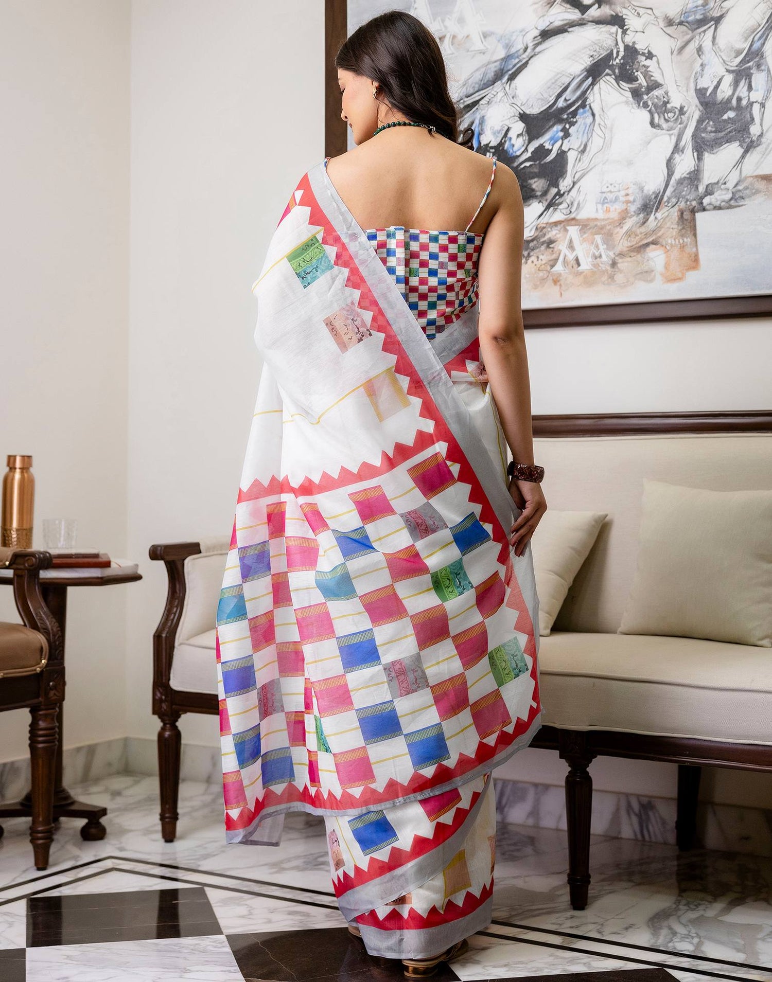 Ready To Wear White Linen Printed Saree