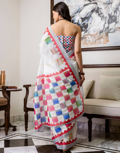 Ready To Wear White Linen Printed Saree