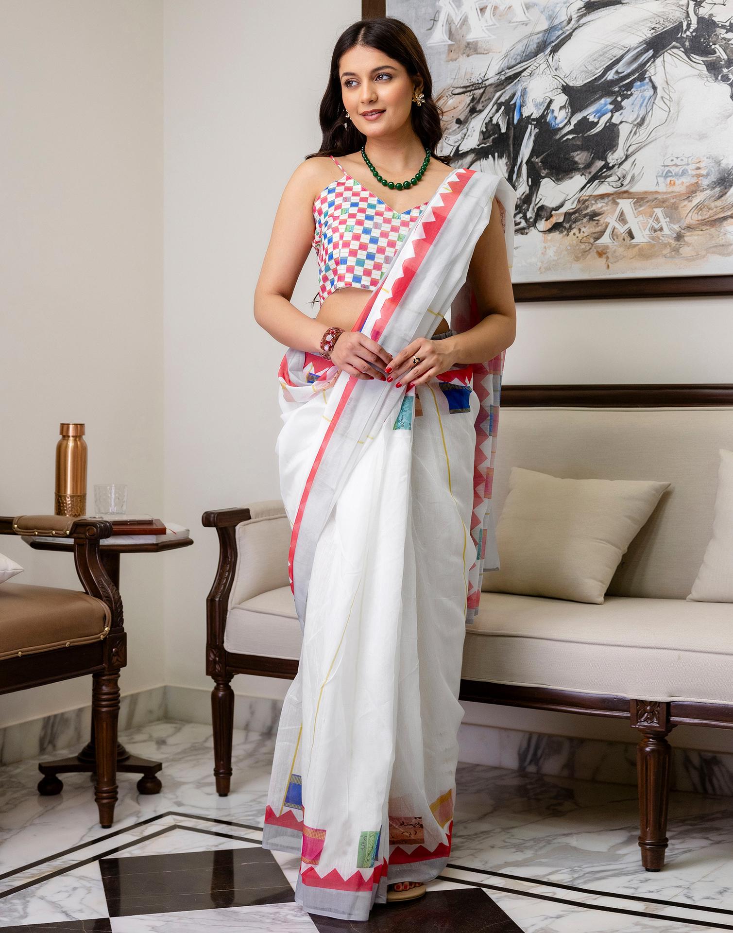Ready To Wear White Linen Printed Saree
