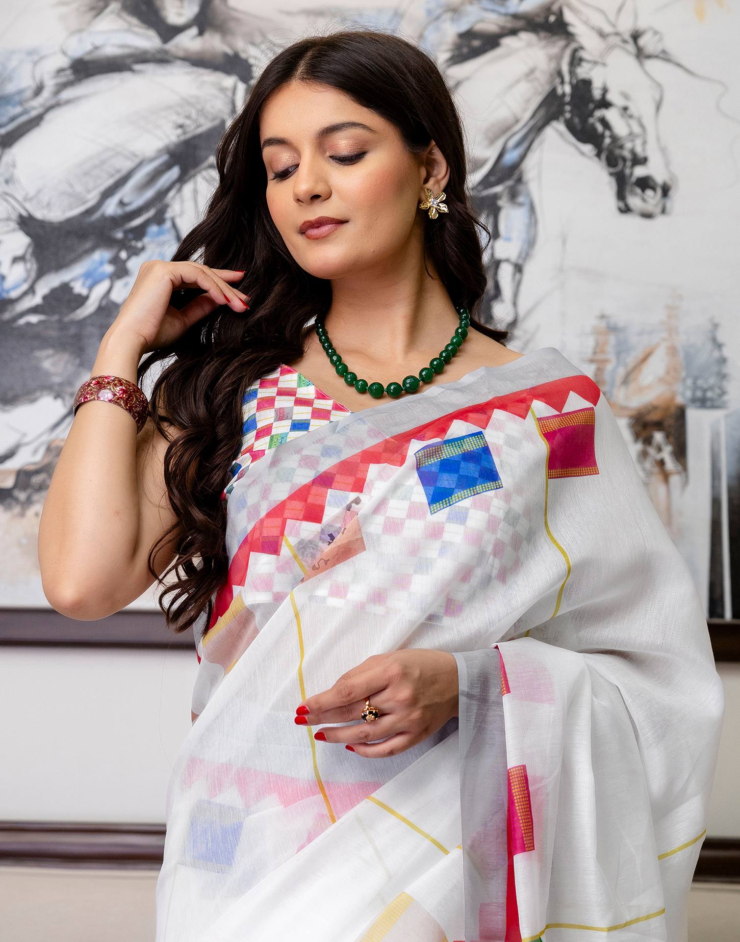 Ready To Wear White Linen Printed Saree