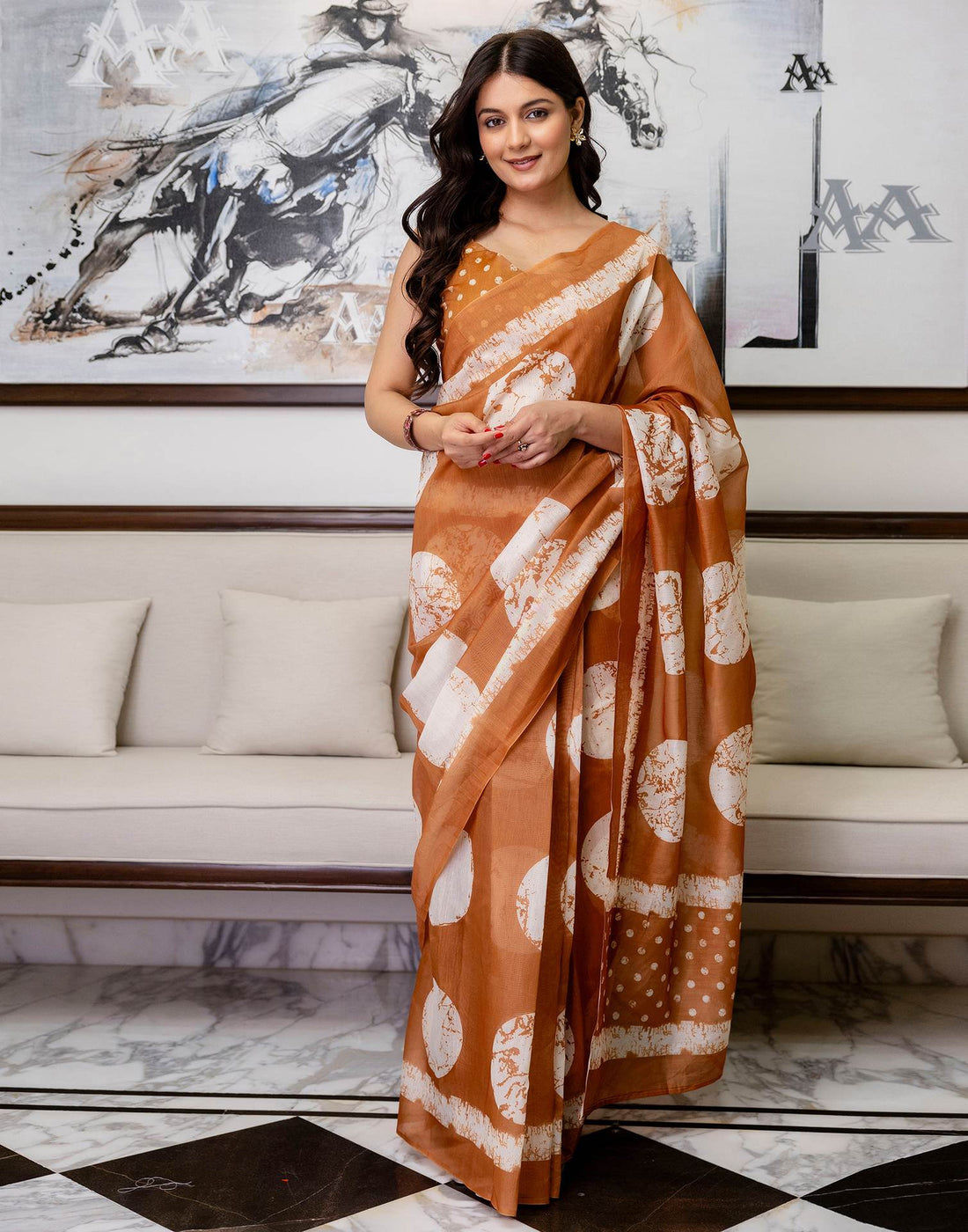 Ready To Wear Dusty Orange Linen Printed Saree