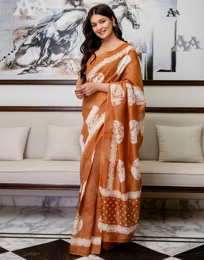 Ready To Wear Dusty Orange Linen Printed Saree