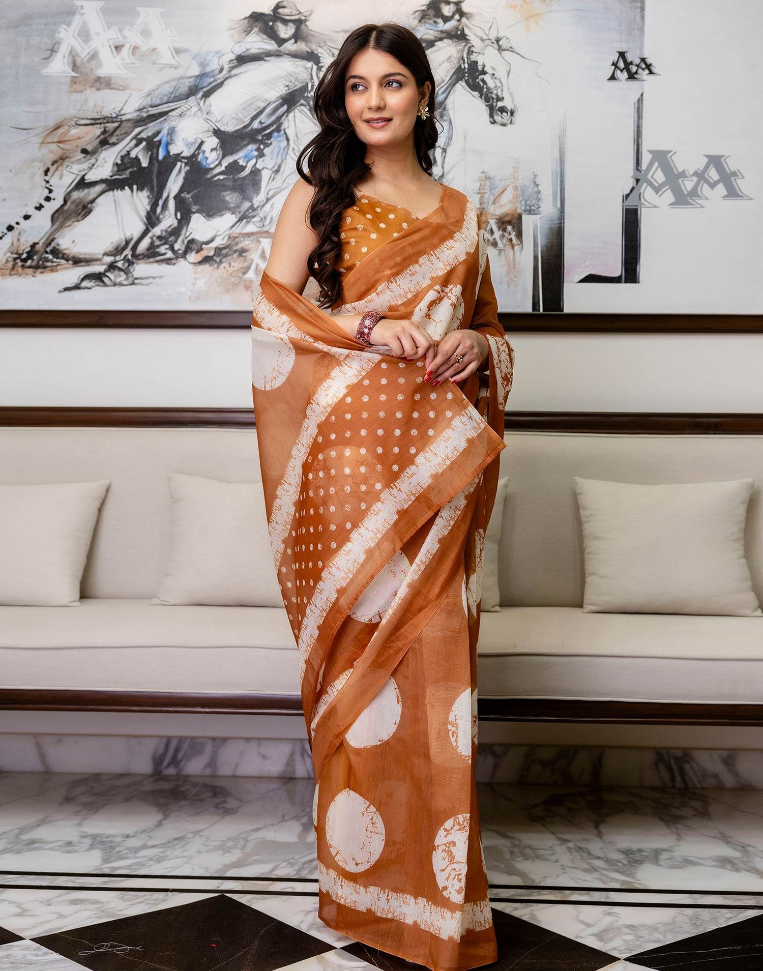 Ready To Wear Dusty Orange Linen Printed Saree