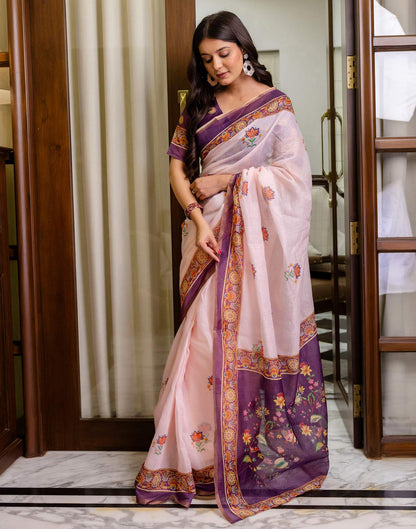 Ready To Wear Light Pink Linen Printed Saree