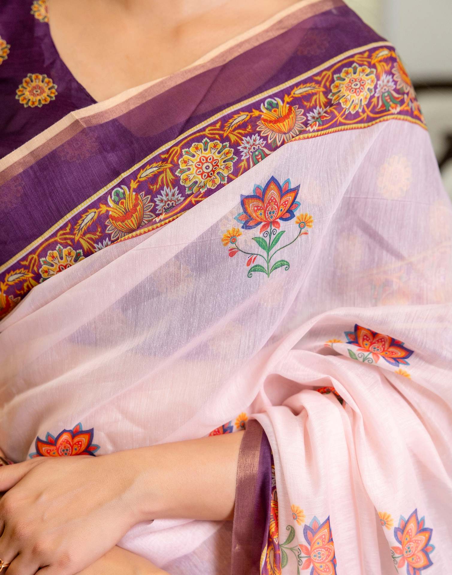 Ready To Wear Light Pink Linen Printed Saree