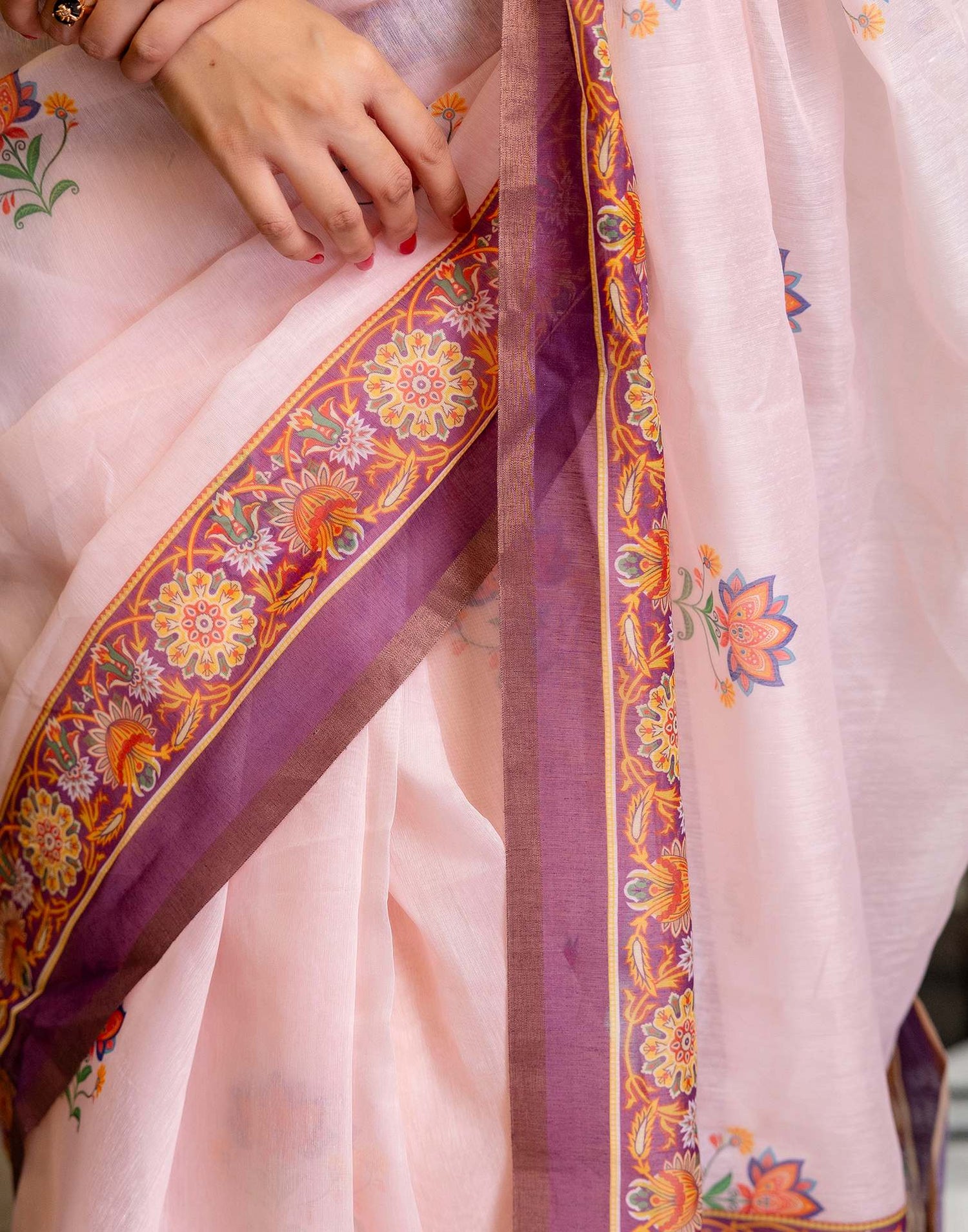 Ready To Wear Light Pink Linen Printed Saree