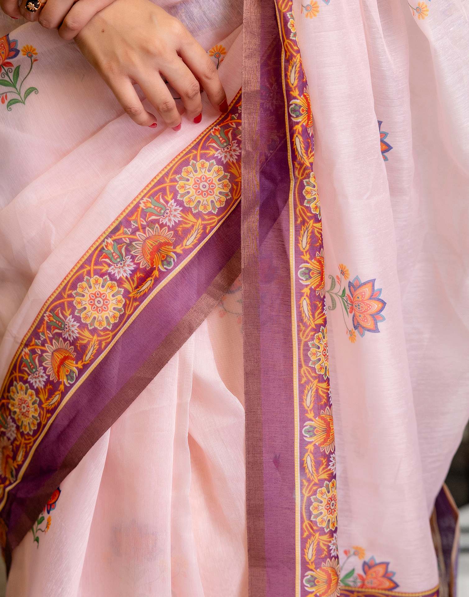 Ready To Wear Light Pink Linen Printed Saree