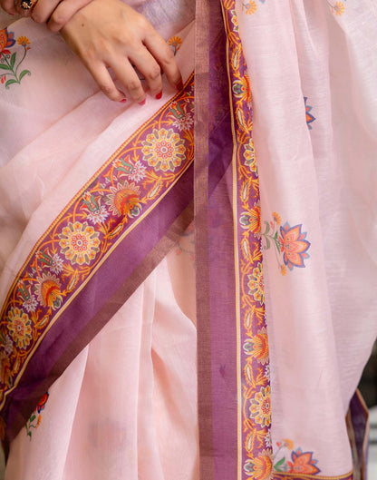 Ready To Wear Light Pink Linen Printed Saree