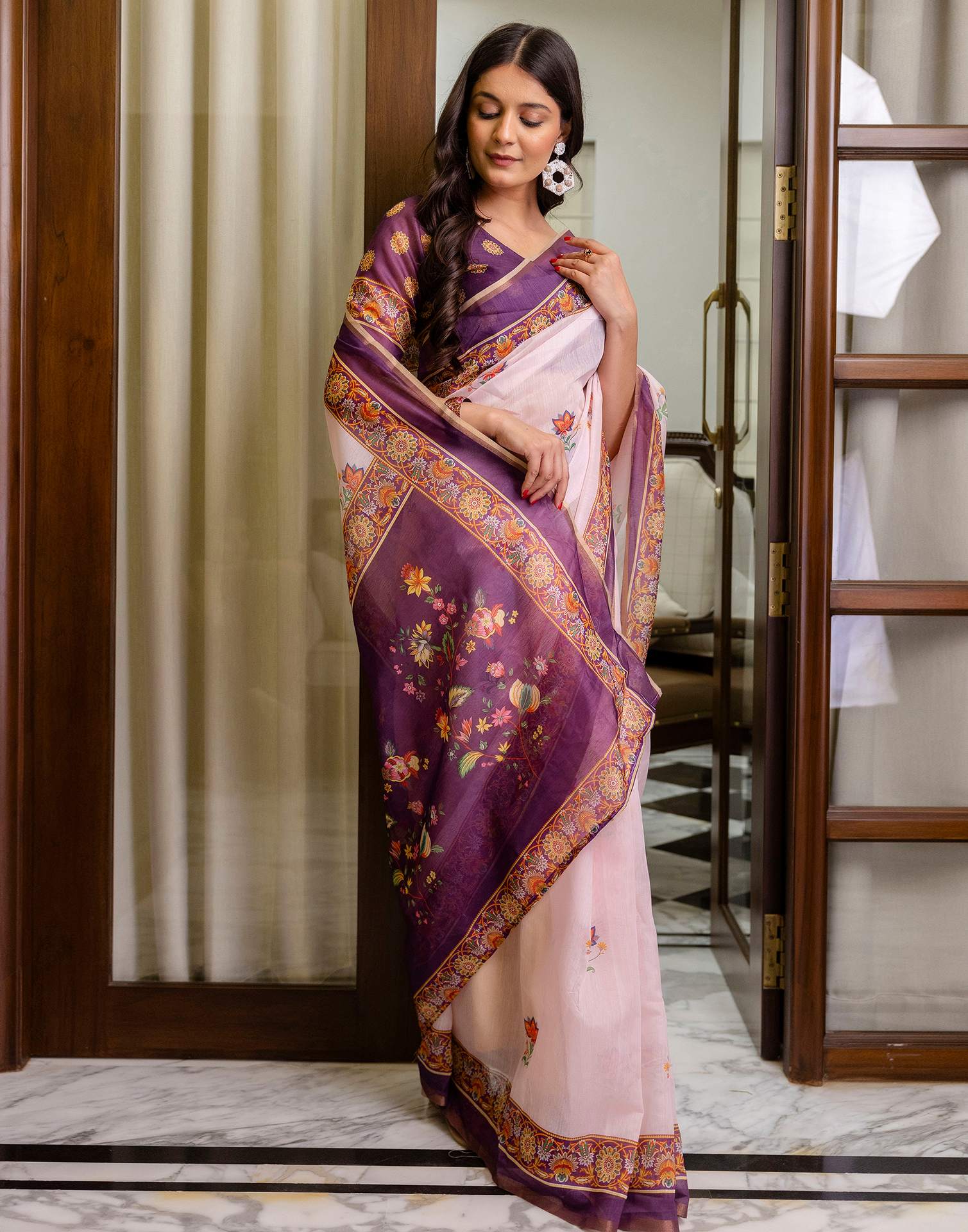 Ready To Wear Light Pink Linen Printed Saree
