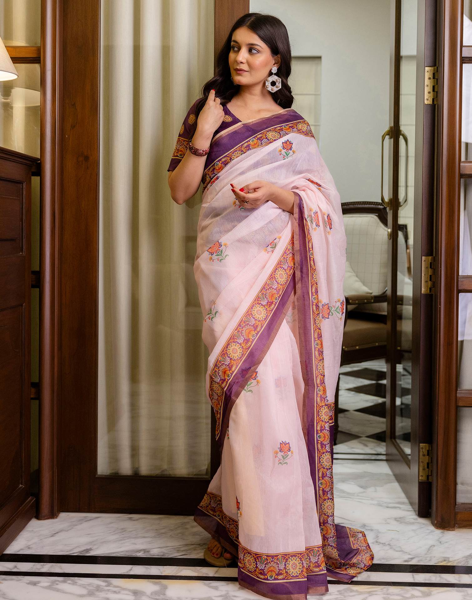 Ready To Wear Light Pink Linen Printed Saree
