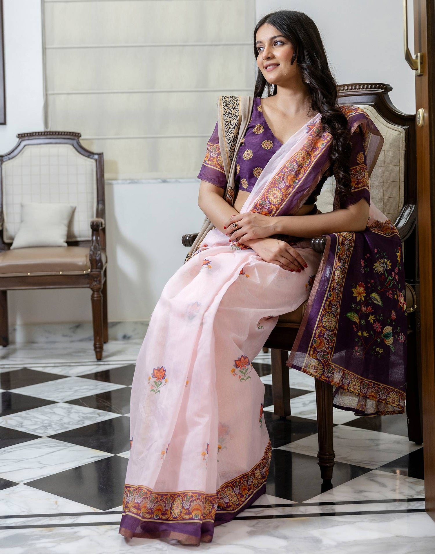 Ready To Wear Light Pink Linen Printed Saree