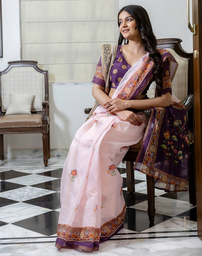 Ready To Wear Light Pink Linen Printed Saree