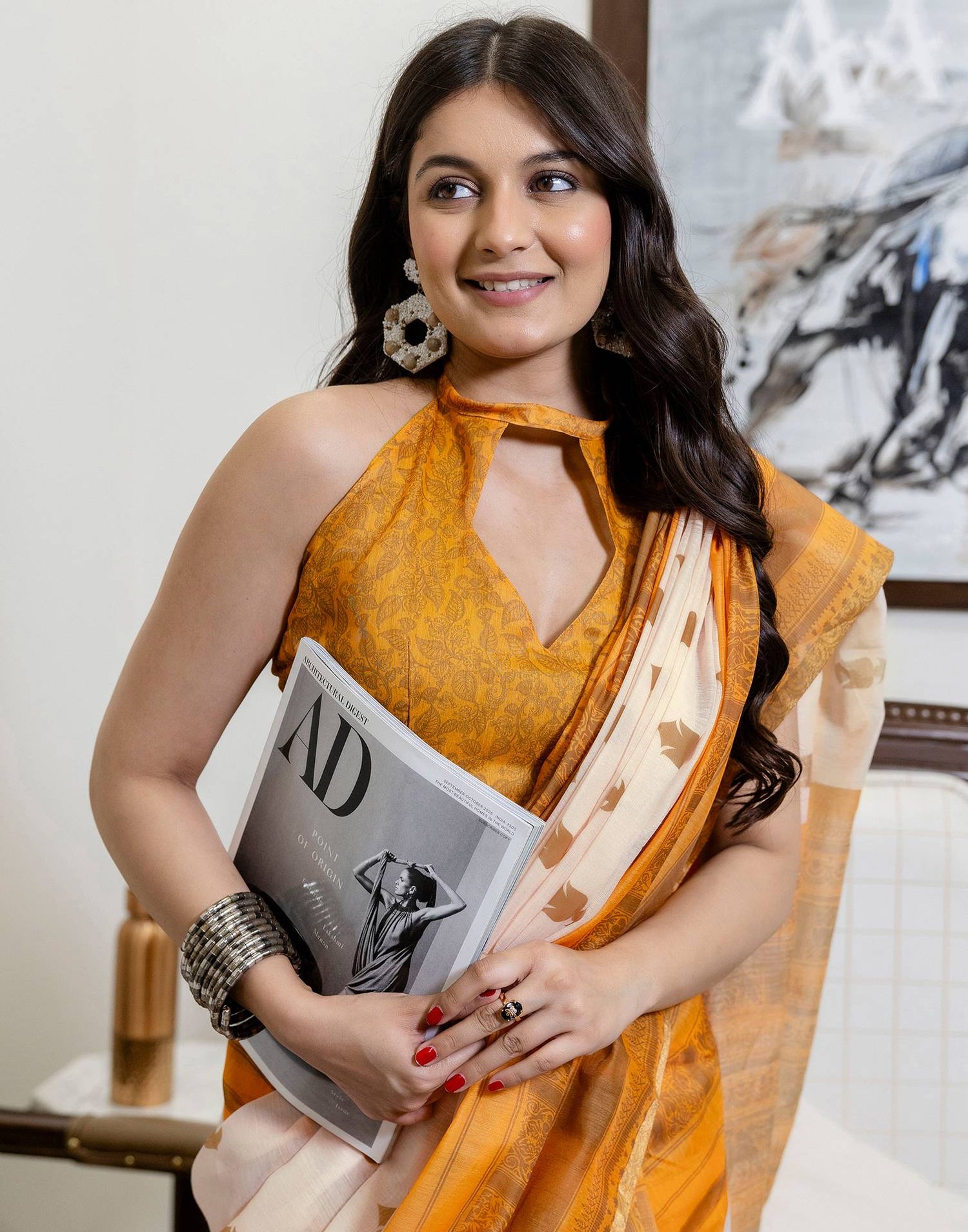 Ready To Wear Peach Linen Printed Saree