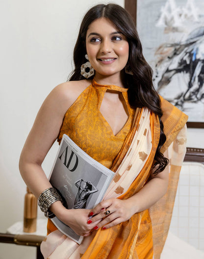 Ready To Wear Peach Linen Printed Saree