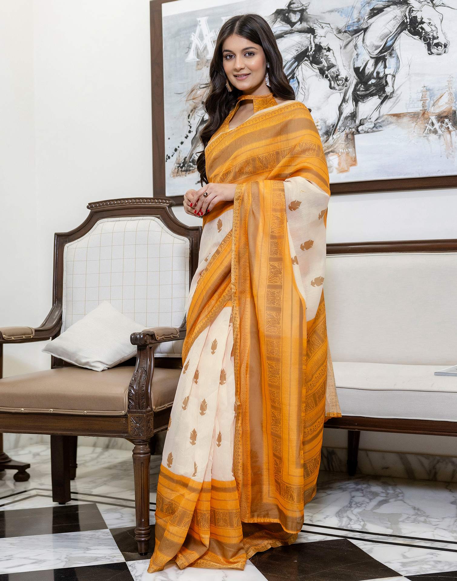 Ready To Wear Peach Linen Printed Saree
