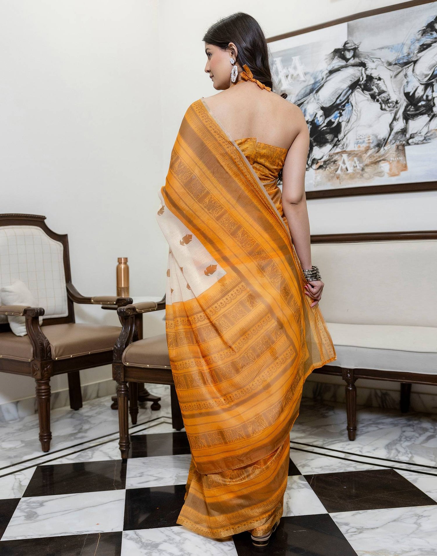 Ready To Wear Peach Linen Printed Saree