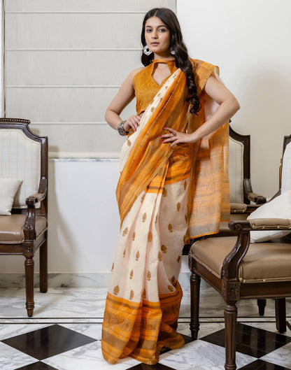 Ready To Wear Peach Linen Printed Saree