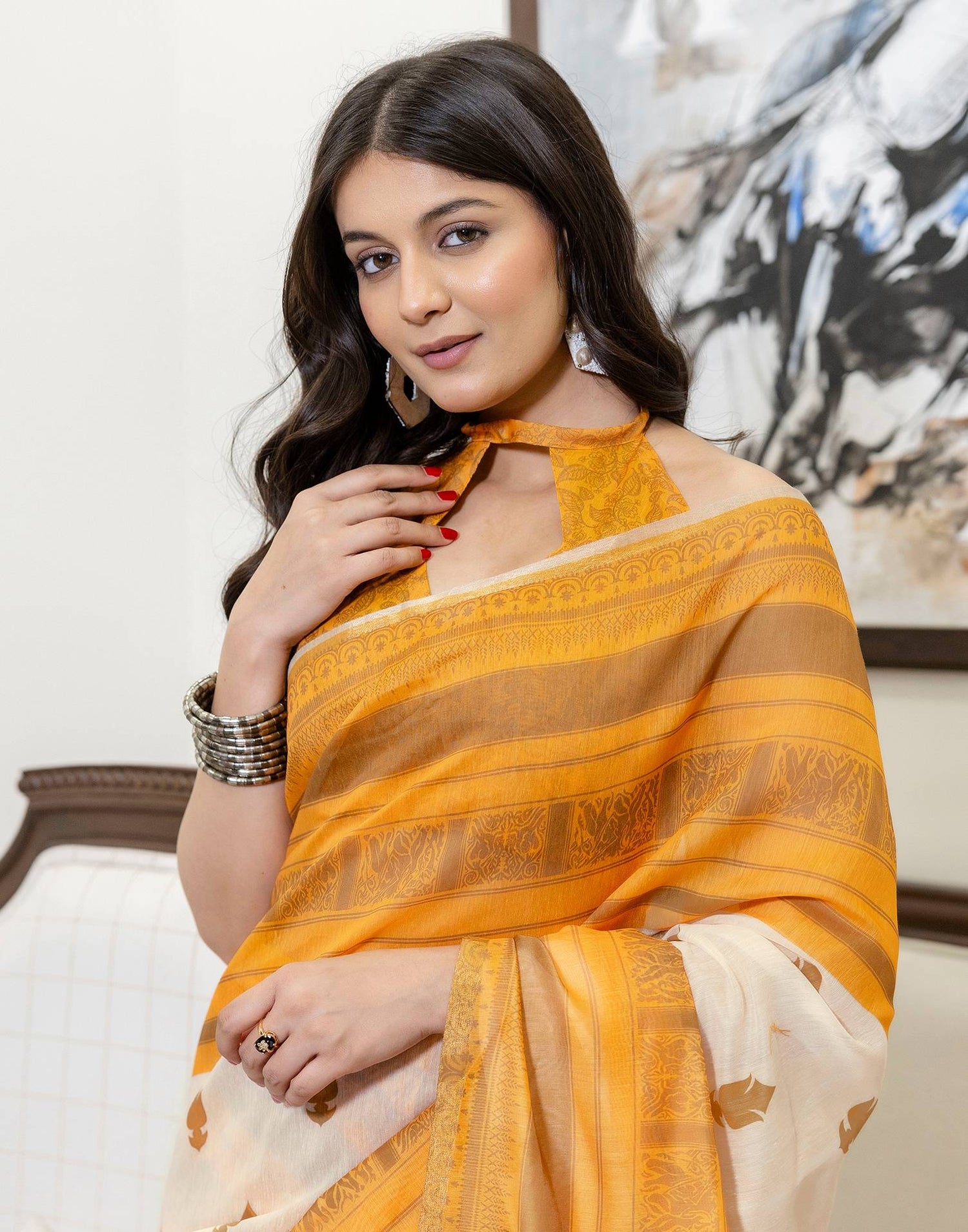 Ready To Wear Peach Linen Printed Saree