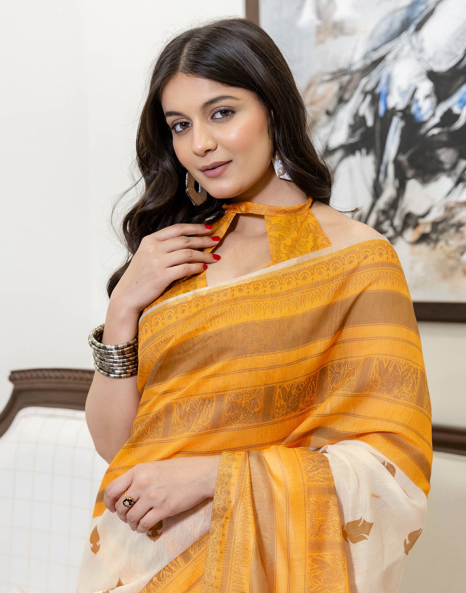 Ready To Wear Peach Linen Printed Saree