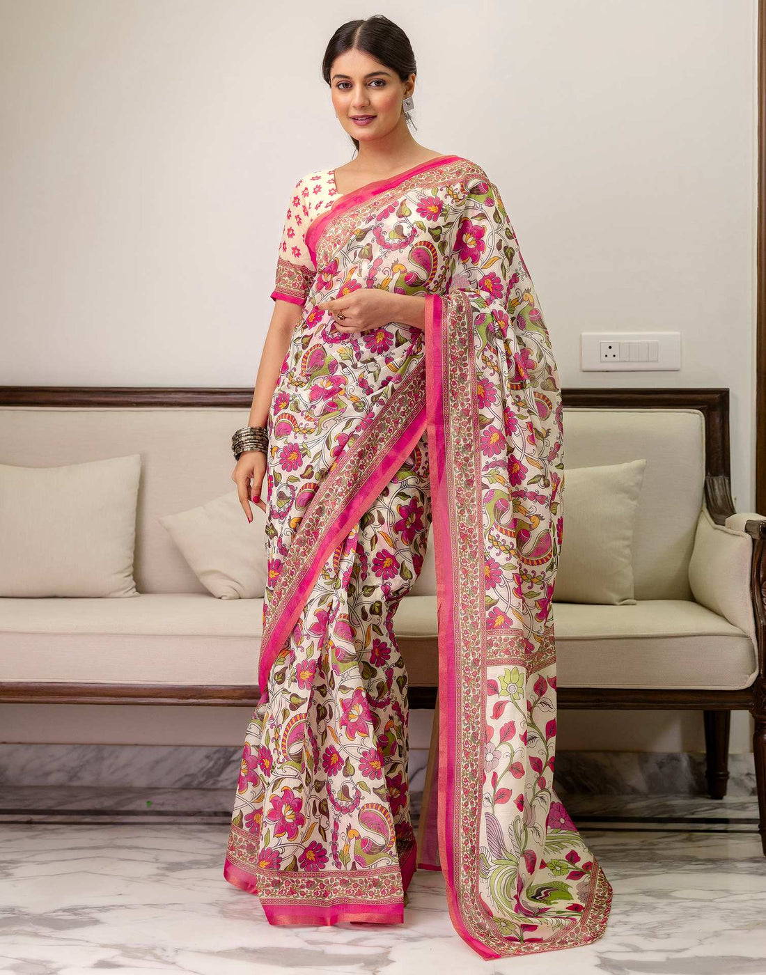 Ready To Wear Off White Linen Printed Saree