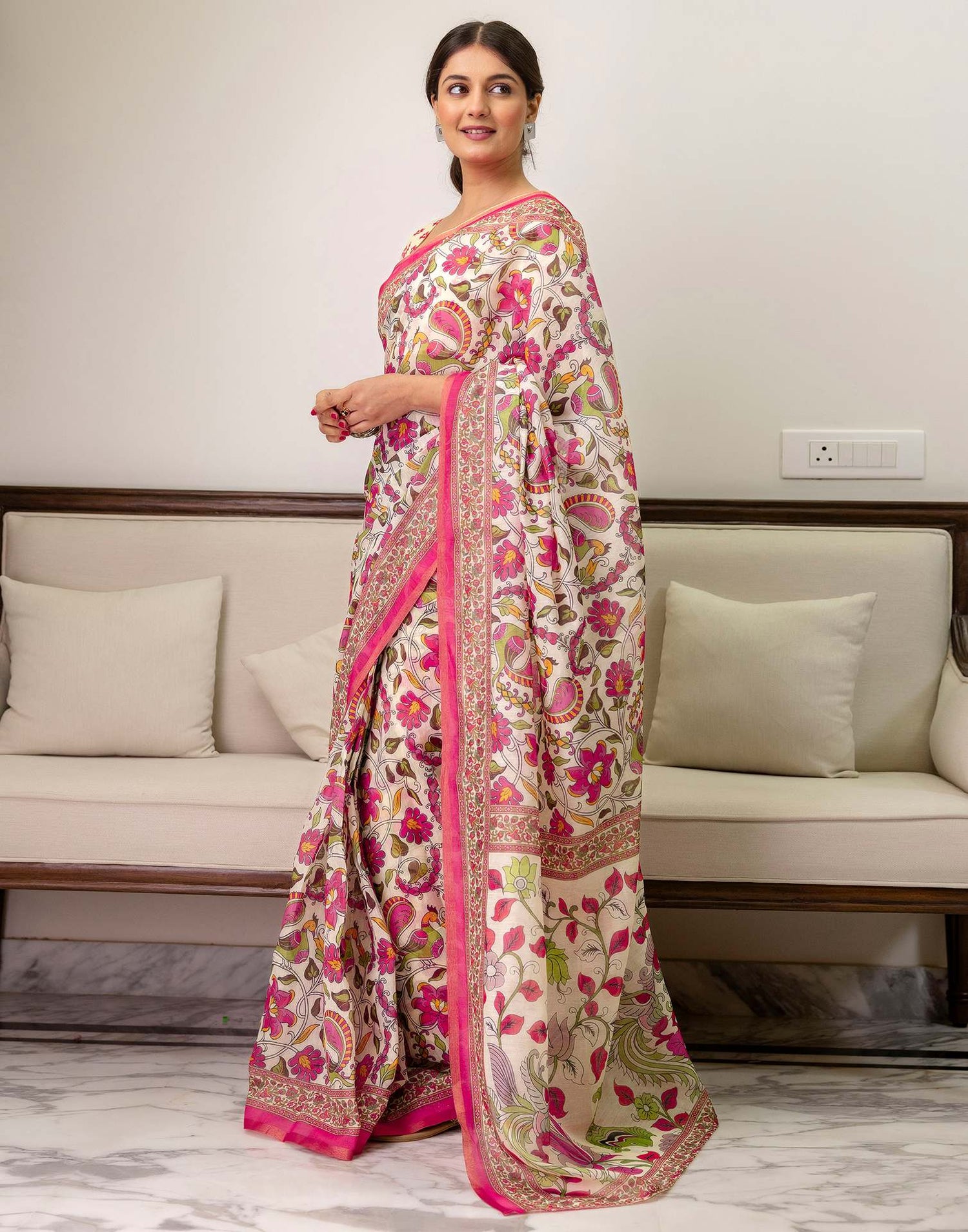 Ready To Wear Off White Linen Printed Saree