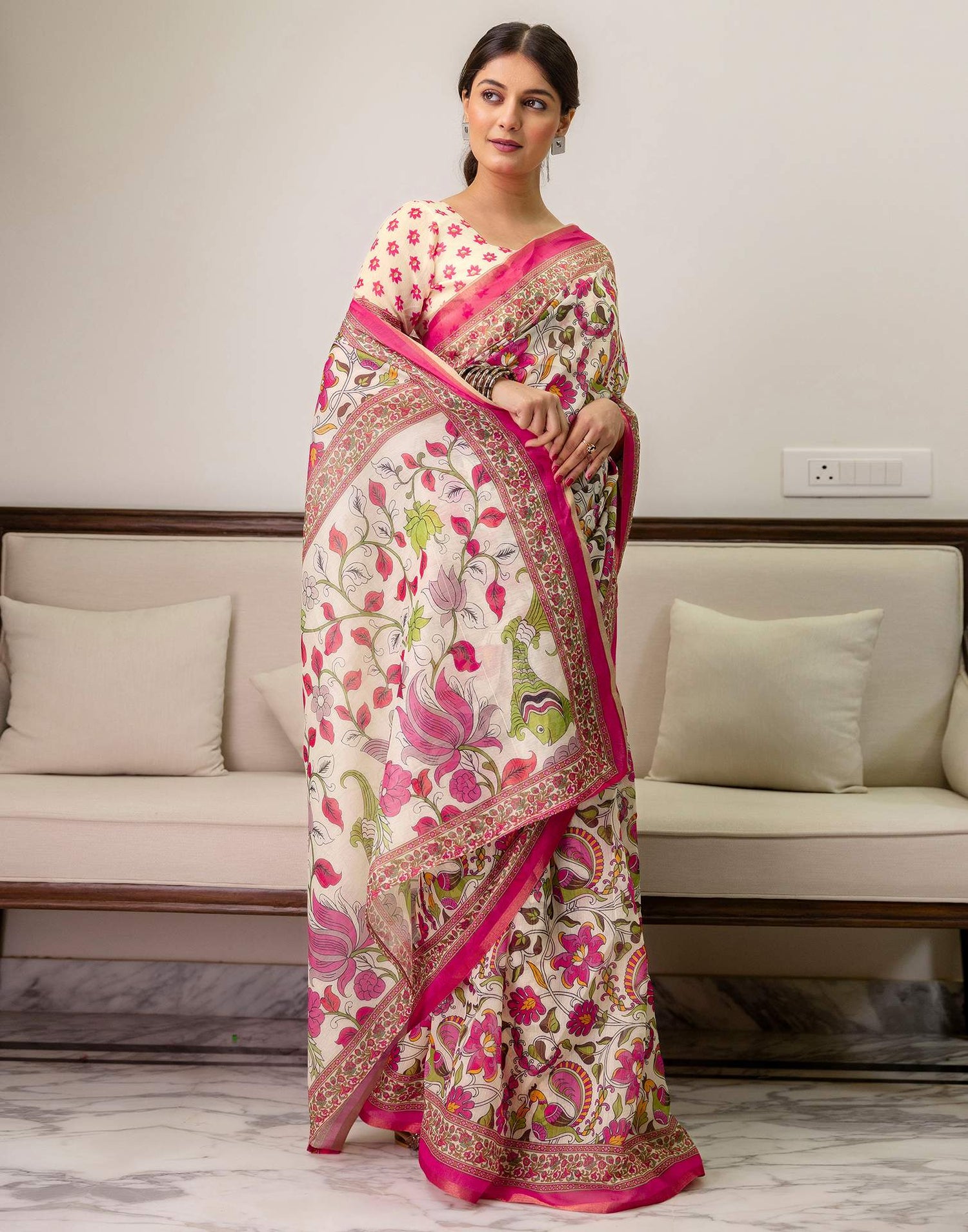 Ready To Wear Off White Linen Printed Saree