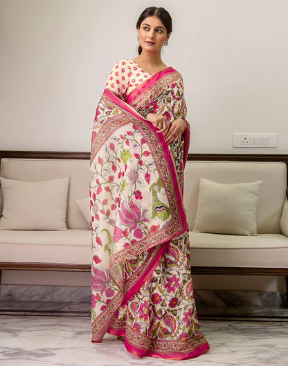 Ready To Wear Off White Linen Printed Saree