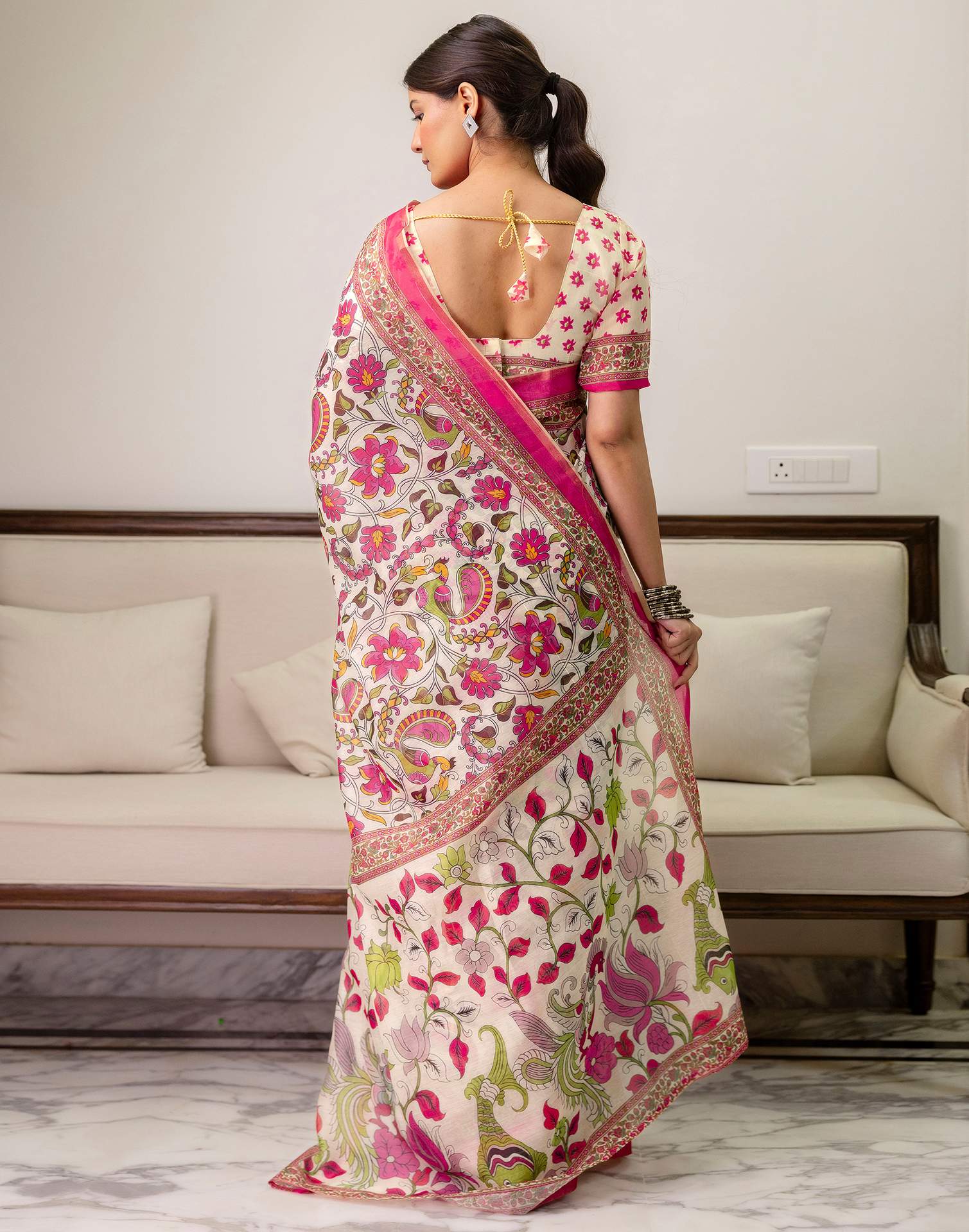 Ready To Wear Off White Linen Printed Saree