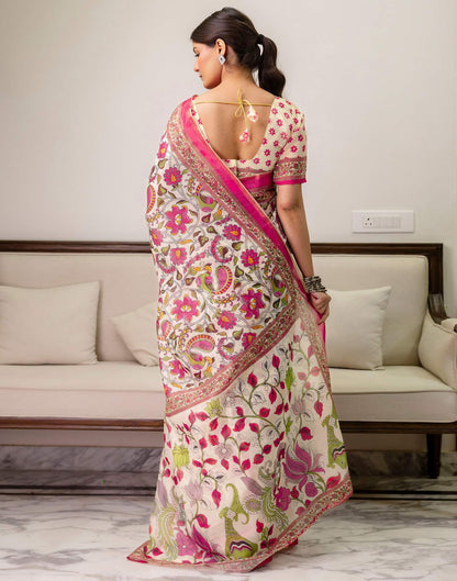 Ready To Wear Off White Linen Printed Saree