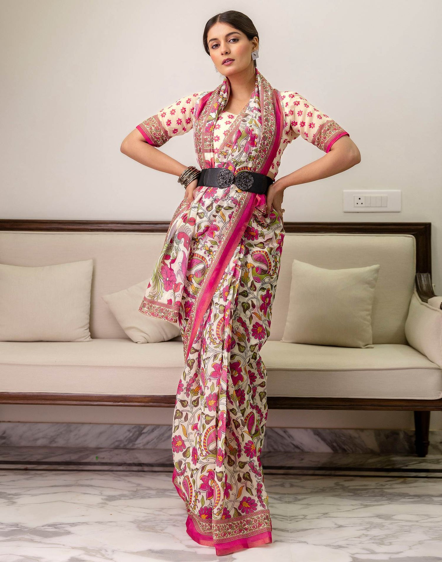 Ready To Wear Off White Linen Printed Saree