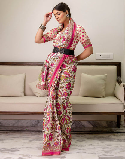 Ready To Wear Off White Linen Printed Saree