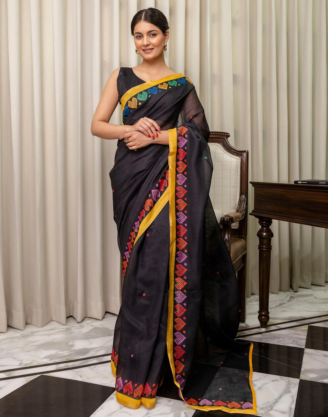Ready To Wear Black Linen Printed Saree