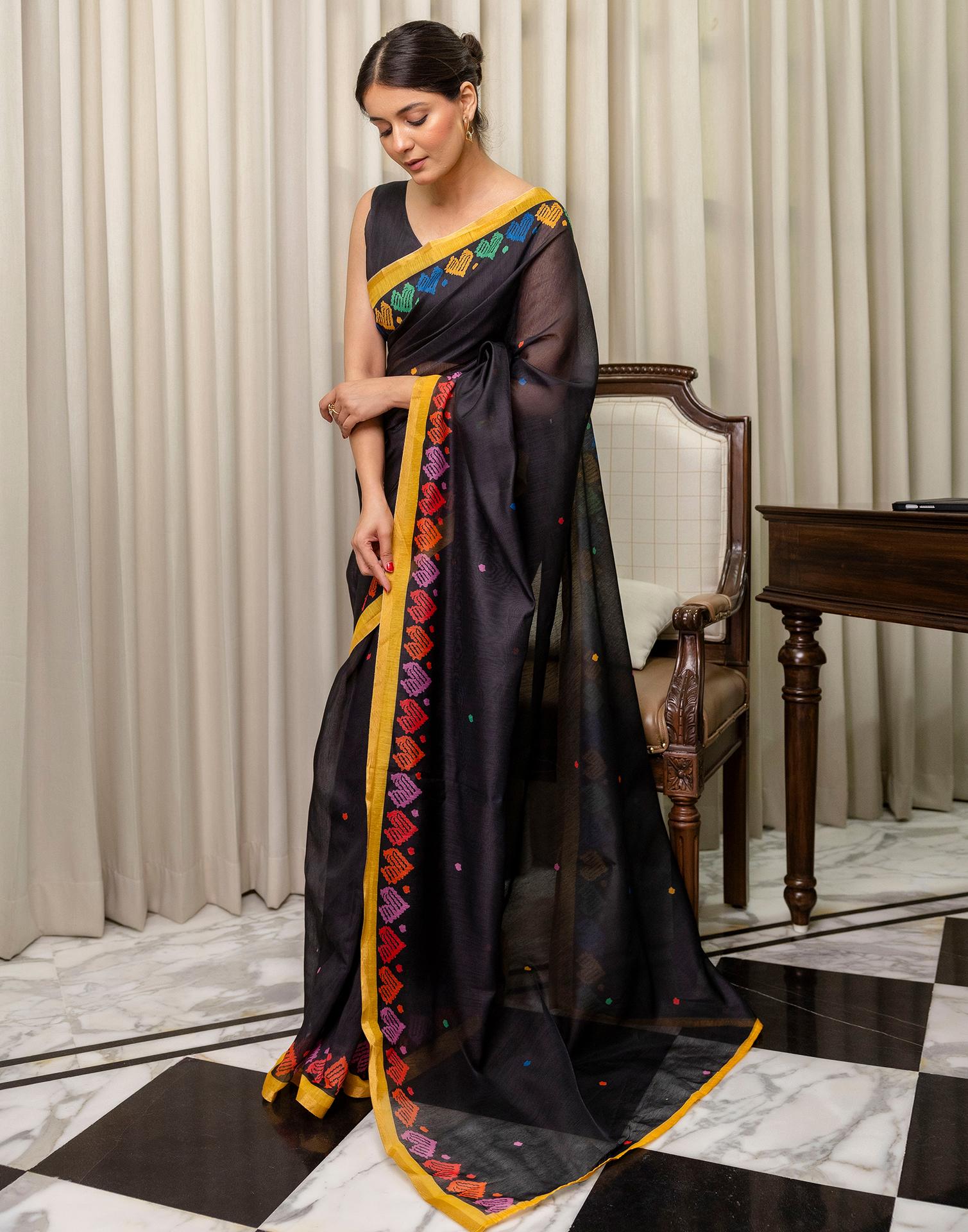 Ready To Wear Black Linen Printed Saree
