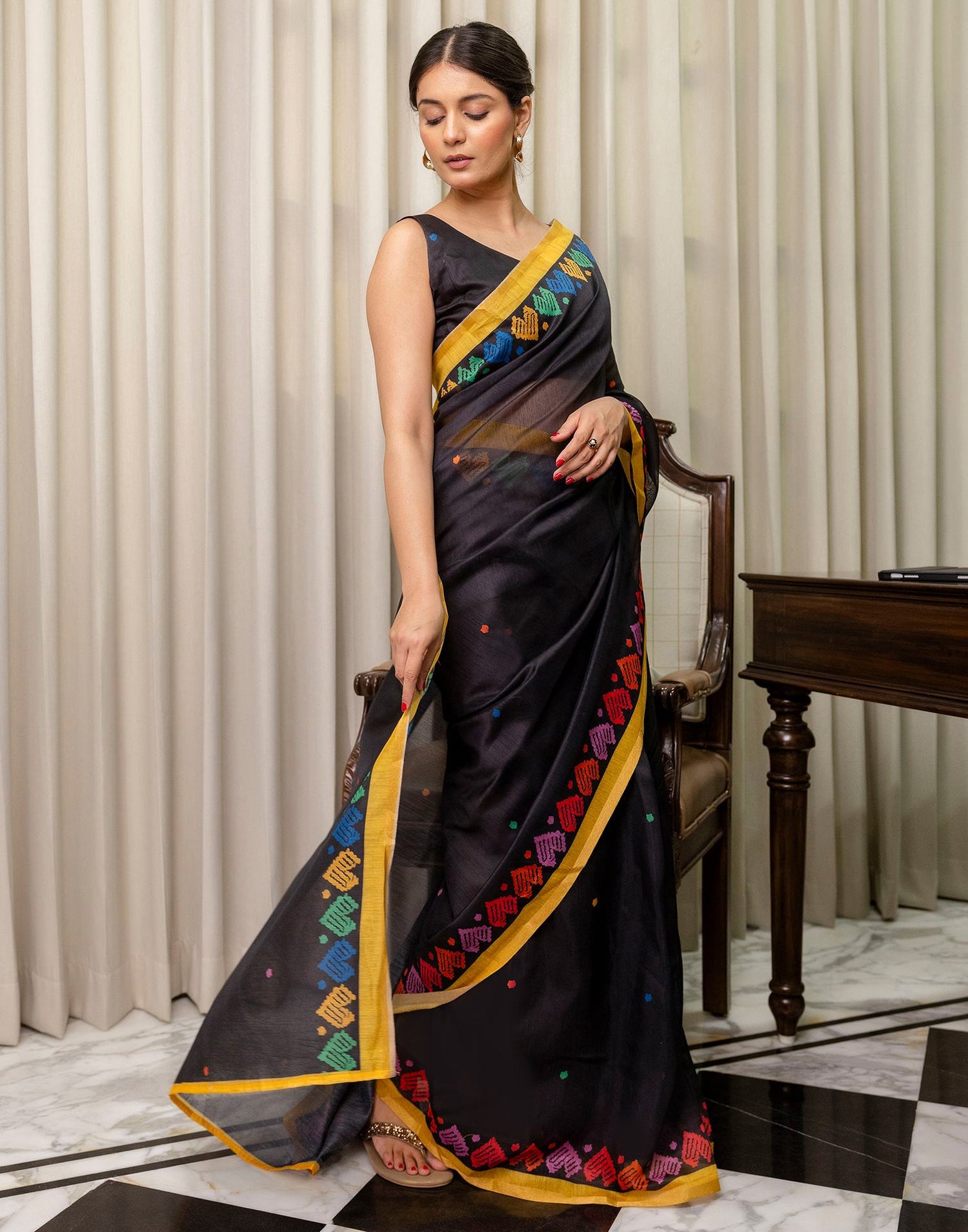 Ready To Wear Black Linen Printed Saree