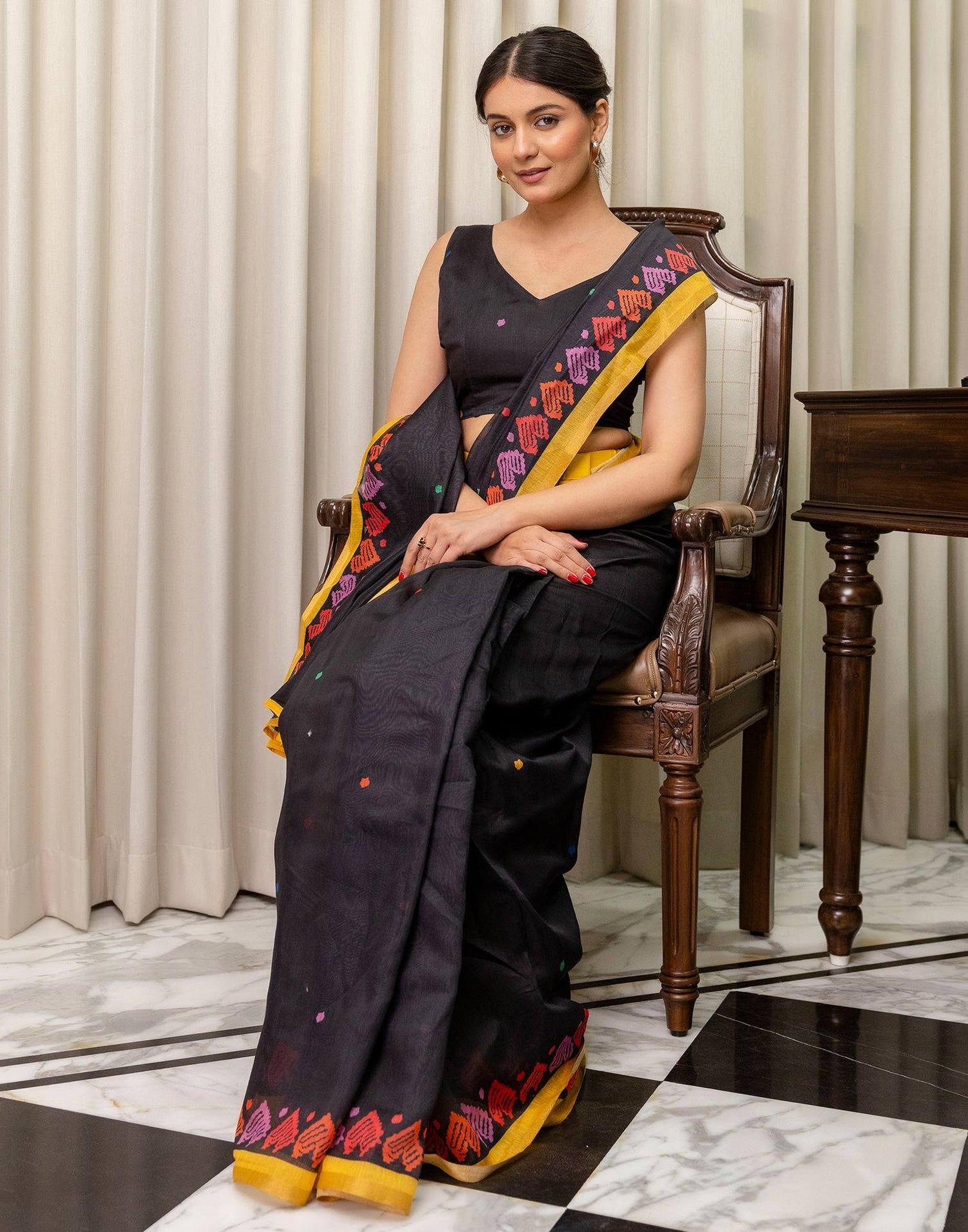 Ready To Wear Black Linen Printed Saree