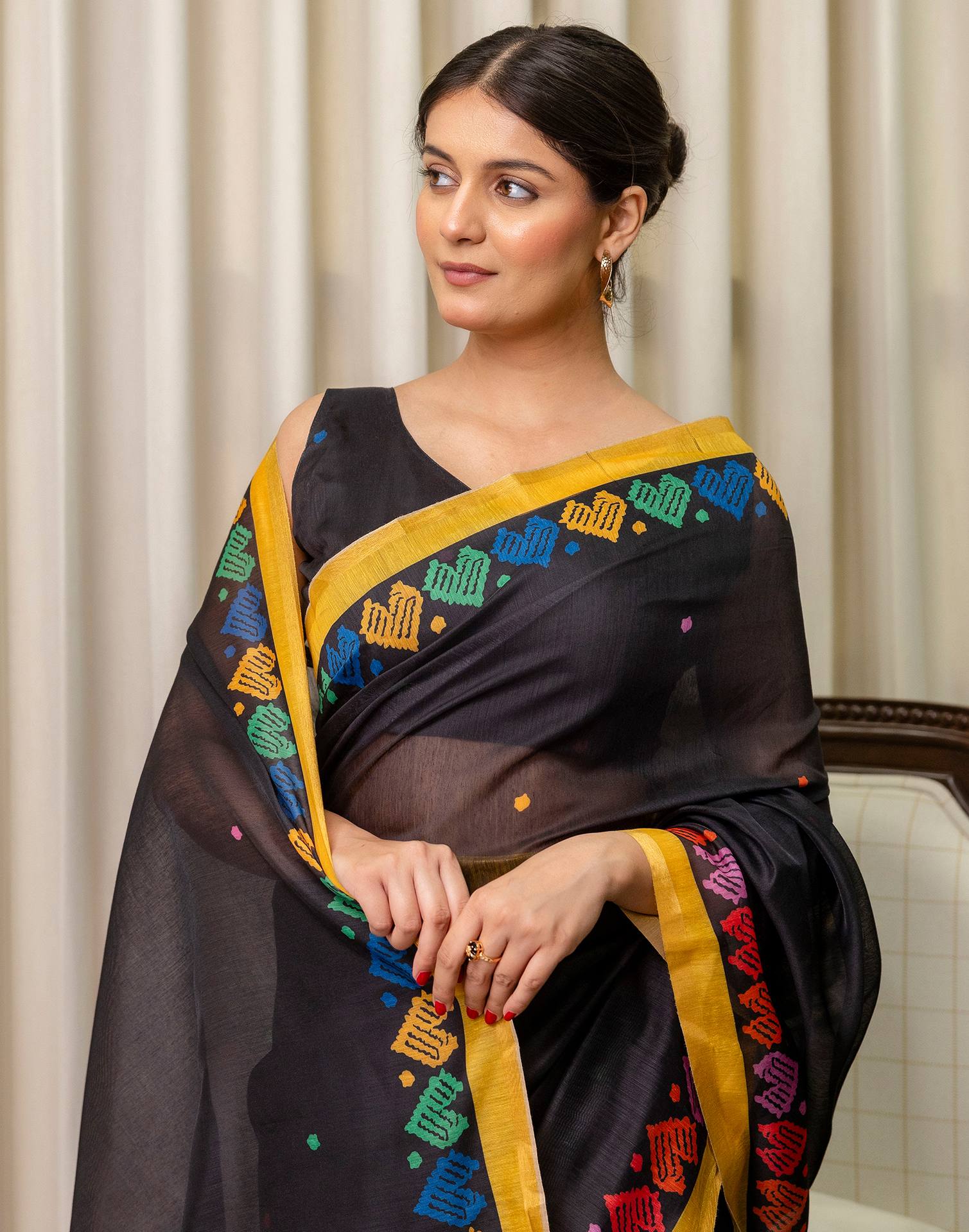 Ready To Wear Black Linen Printed Saree