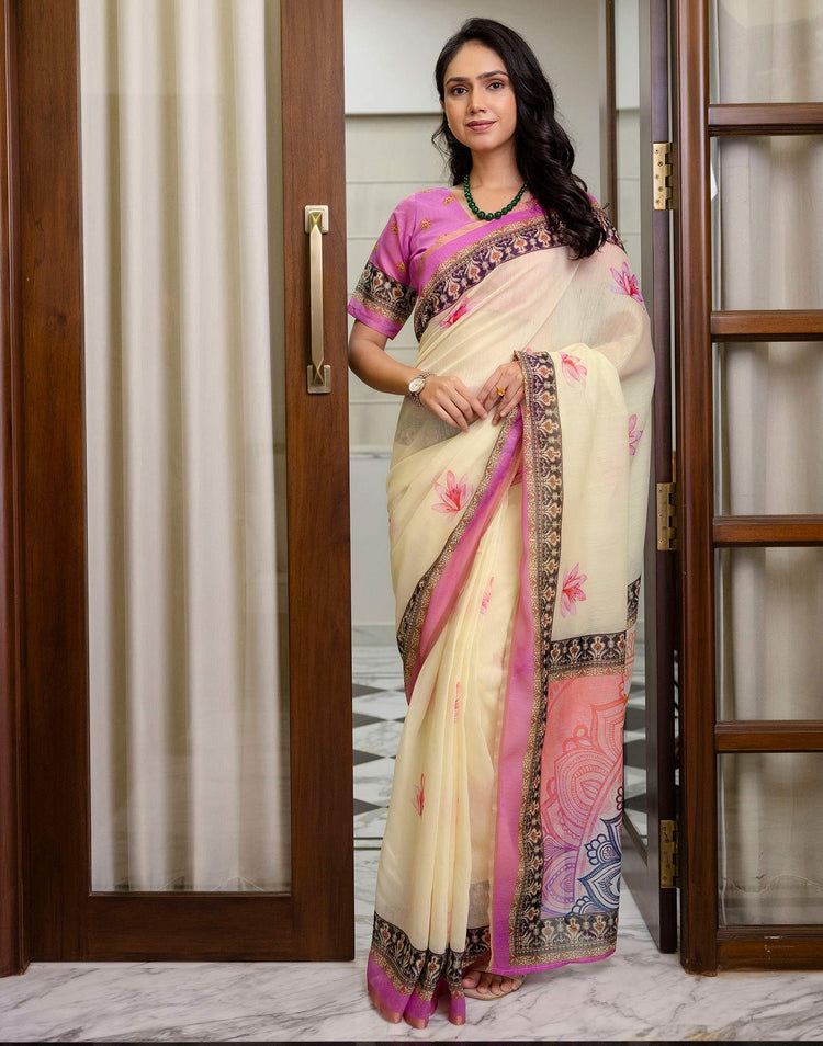 Ready To Wear Light Cream Linen Printed Saree