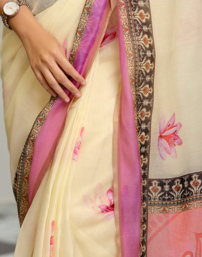 Ready To Wear Light Yellow Linen Printed Saree