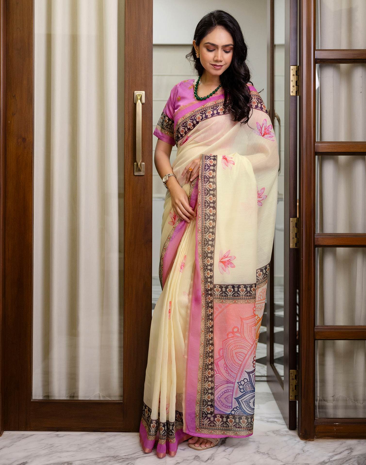 Ready To Wear Light Yellow Linen Printed Saree