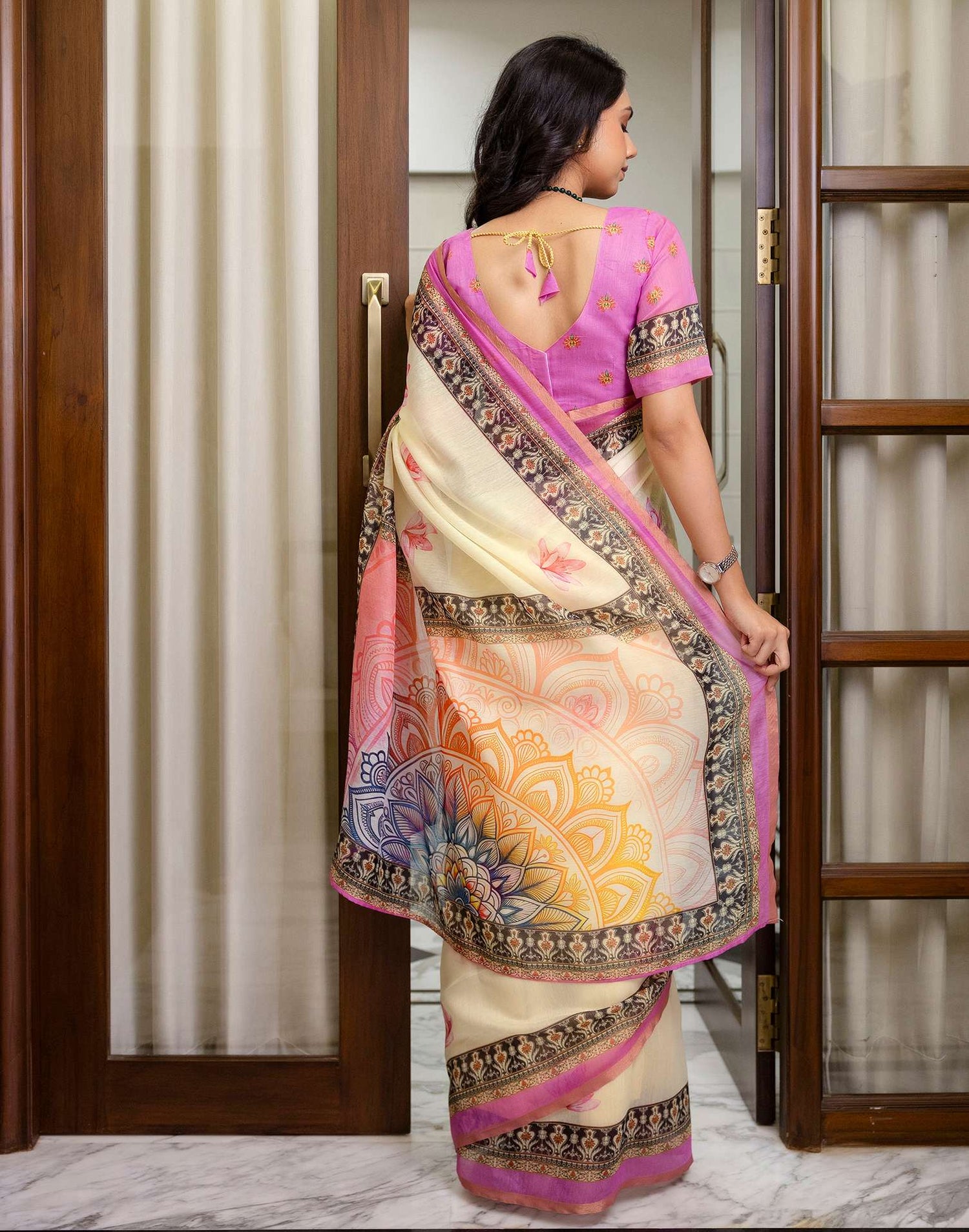 Ready To Wear Light Yellow Linen Printed Saree