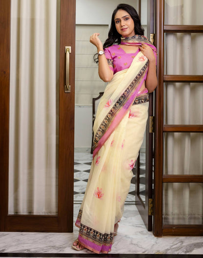 Ready To Wear Light Yellow Linen Printed Saree