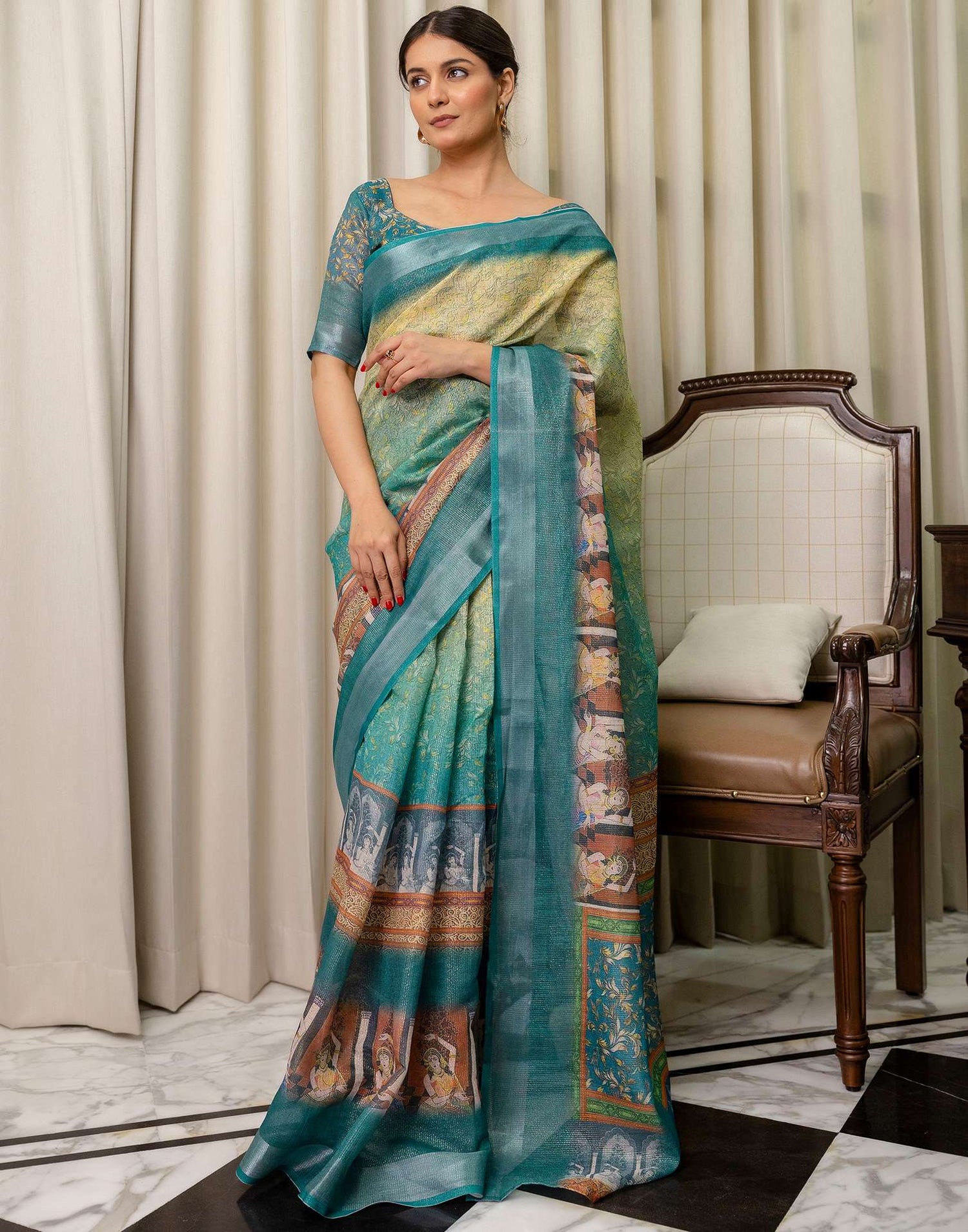 Ready To Wear Teal Blue Cotton Printed Saree