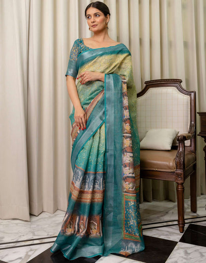 Ready To Wear Teal Blue Cotton Printed Saree