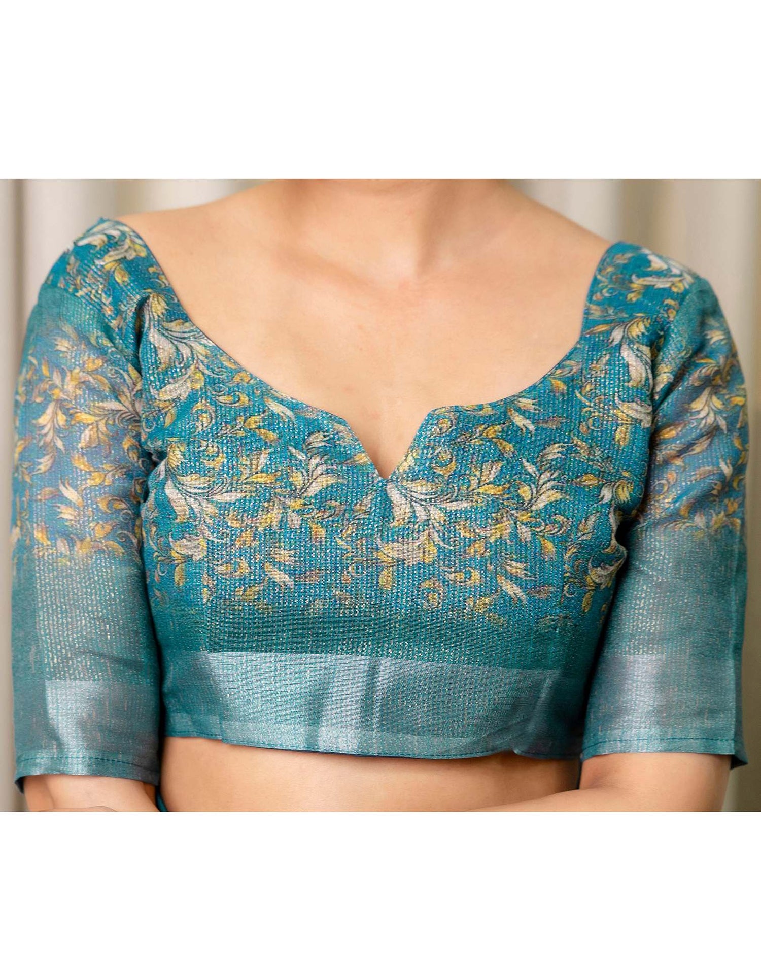 Ready To Wear Teal Blue Cotton Printed Saree