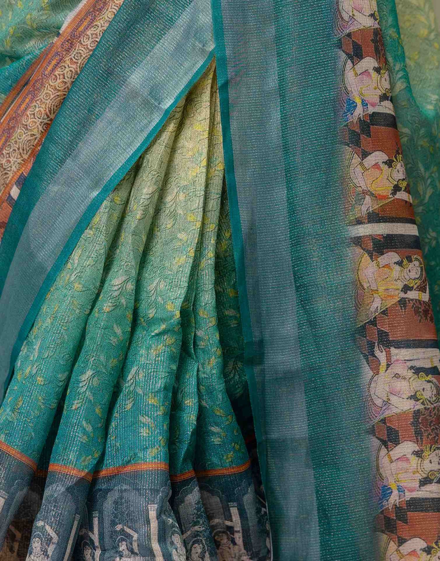 Ready To Wear Teal Blue Cotton Printed Saree