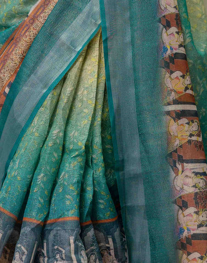 Ready To Wear Teal Blue Cotton Printed Saree