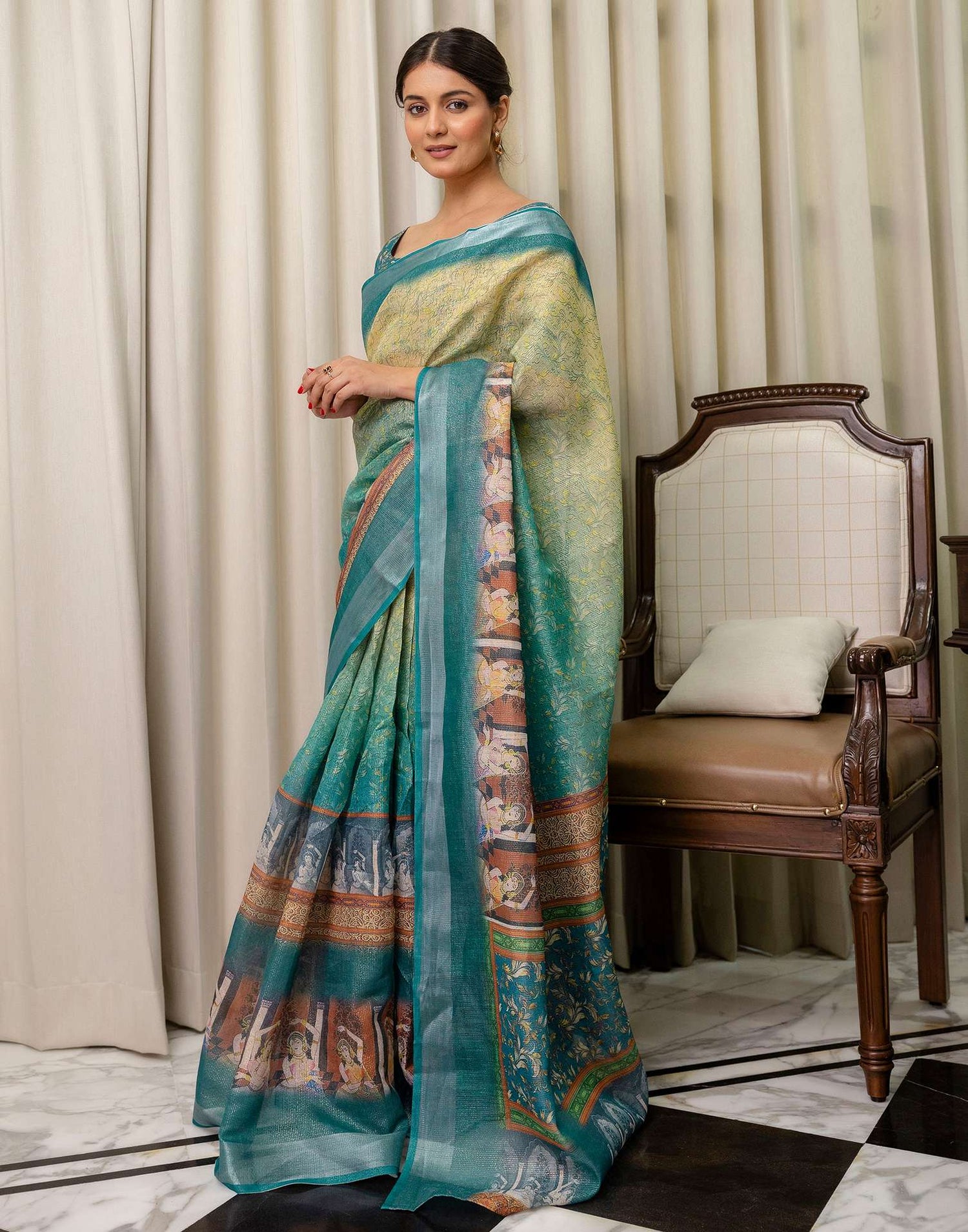 Ready To Wear Teal Blue Cotton Printed Saree