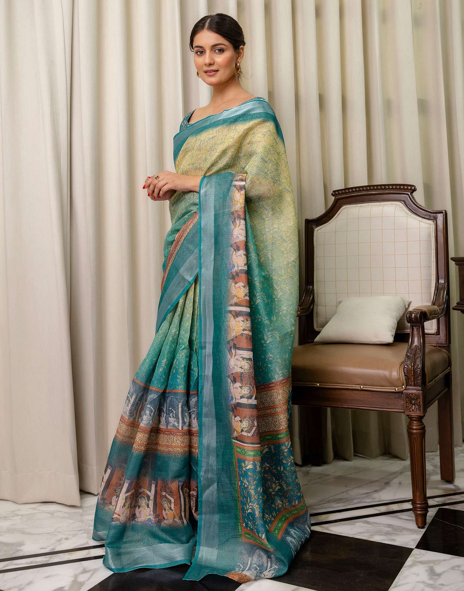 Ready To Wear Teal Blue Cotton Printed Saree