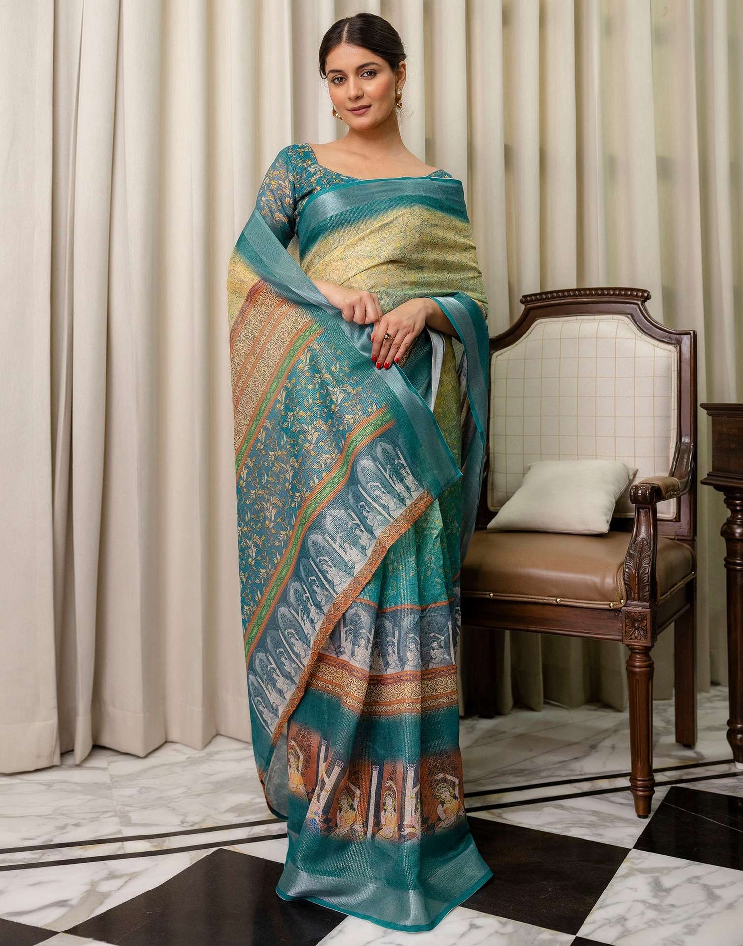 Ready To Wear Teal Blue Cotton Printed Saree